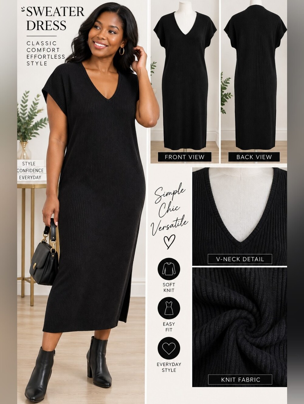 Old Navy Large Black Ribbed V-Neck Midi Sweater Dress - Picture 5 of 7